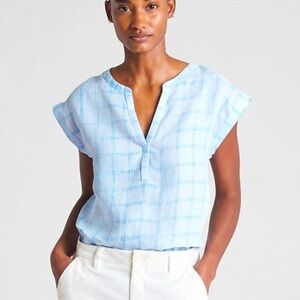 GAP Short Sleeve Plaid Popover Shirt in Linen Medium